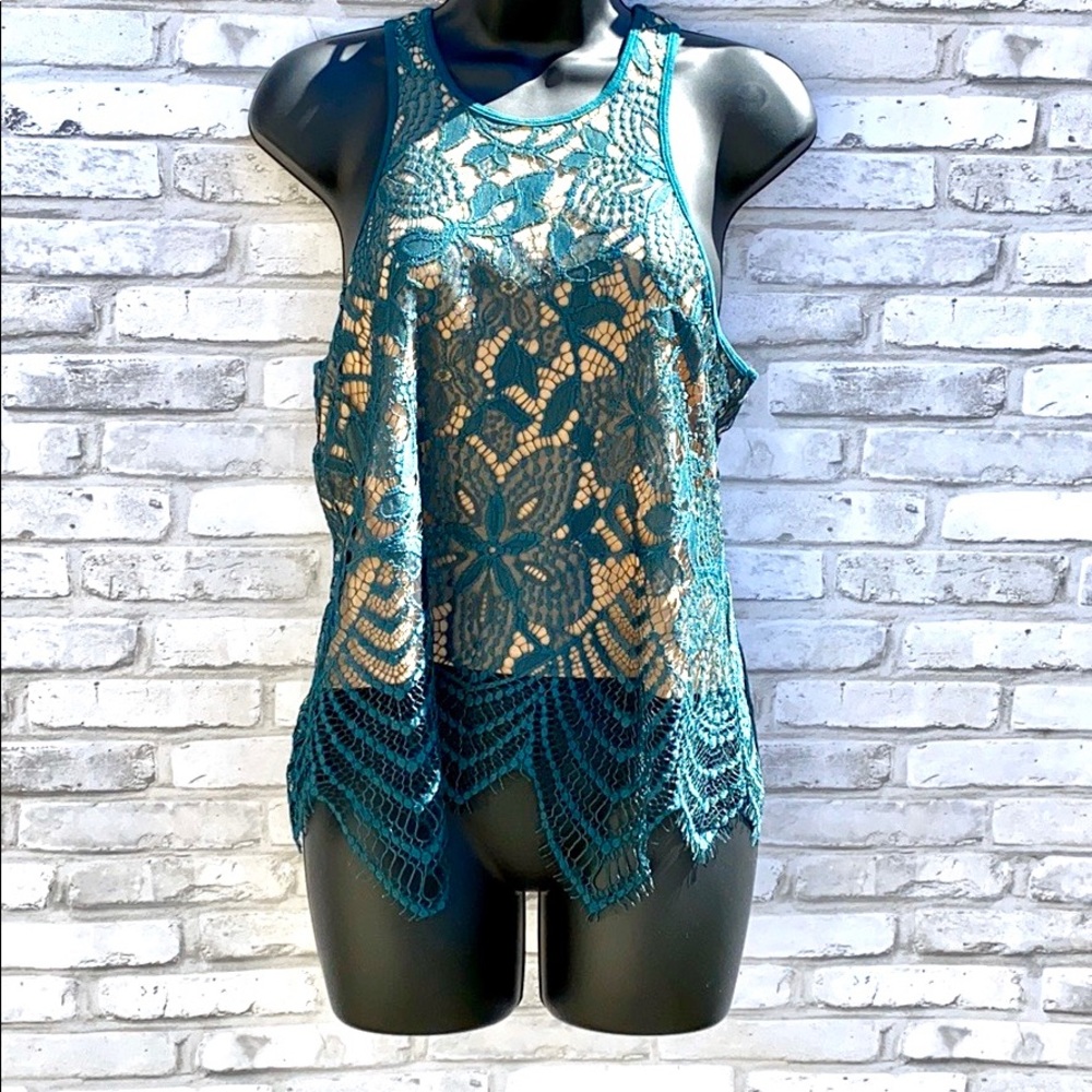 🤍 Teal Crochet Lace Racerback Tank Top 🤍